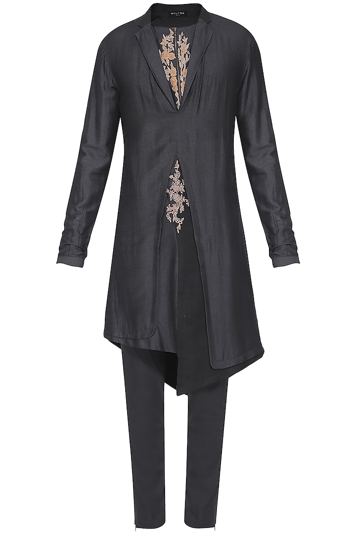 Black Indo-Western Embroidered Kurta with Churidar Pants by Soltee By Sulakshana Monga Men