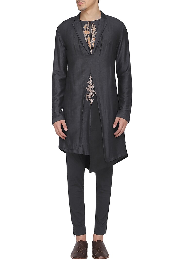 Black indo-western embroidered kurta with churidar pants available only at Pernia's Pop Up Shop.