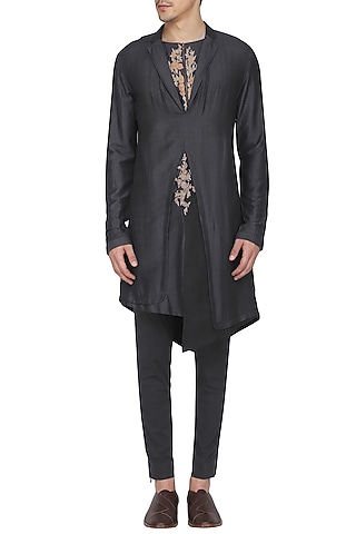 Black Indo-Western Embroidered Kurta with Churidar Pants by Soltee By Sulakshana Monga Men
