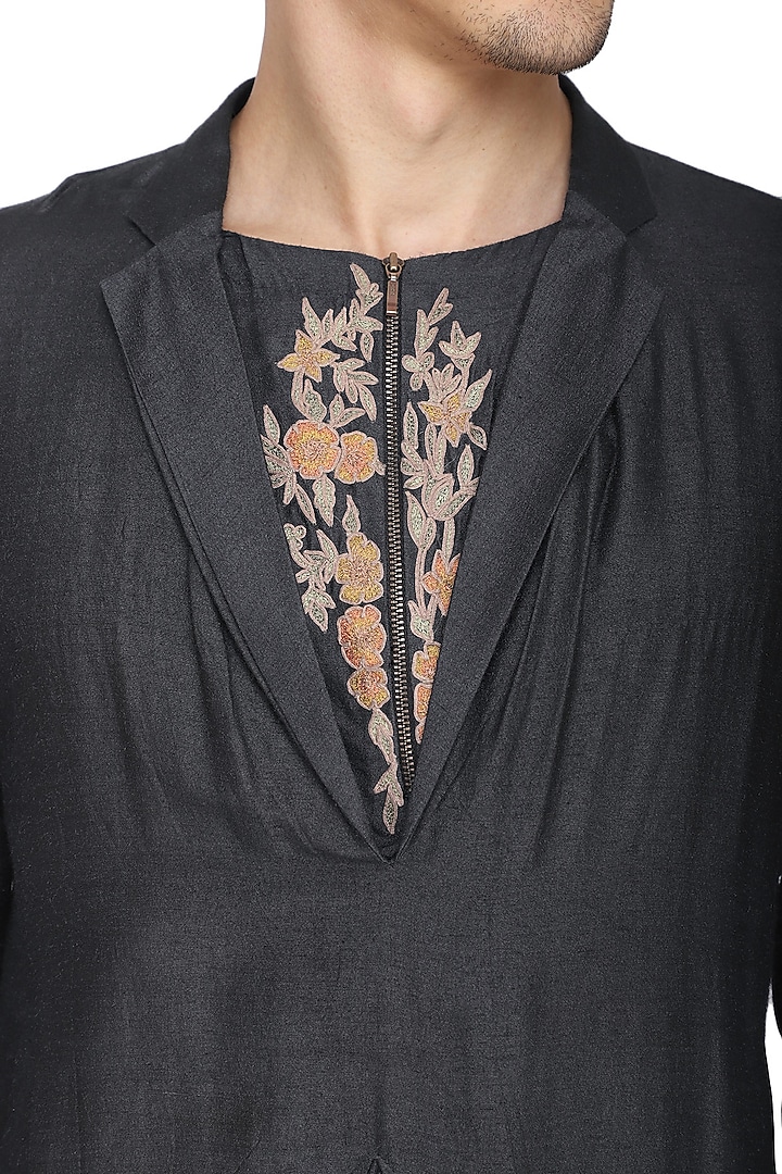 Black indo-western embroidered kurta with churidar pants available only at Pernia's Pop Up Shop.