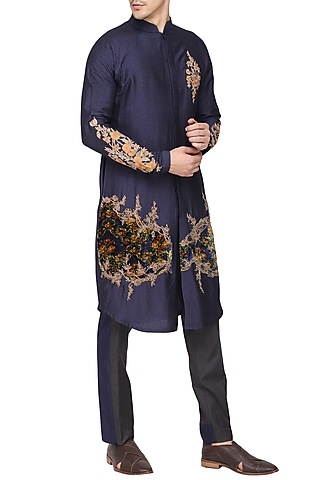 Blue Printed Embroidered Kurta with Churidar Pants by Soltee By Sulakshana Monga Men