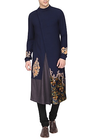 Blue Color Block Embroidered Kurta with Churidar Pants by Soltee By Sulakshana Monga Men