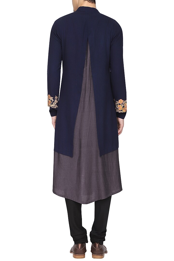 Blue color block embroidered kurta with churidar pants available only at Pernia's Pop Up Shop.