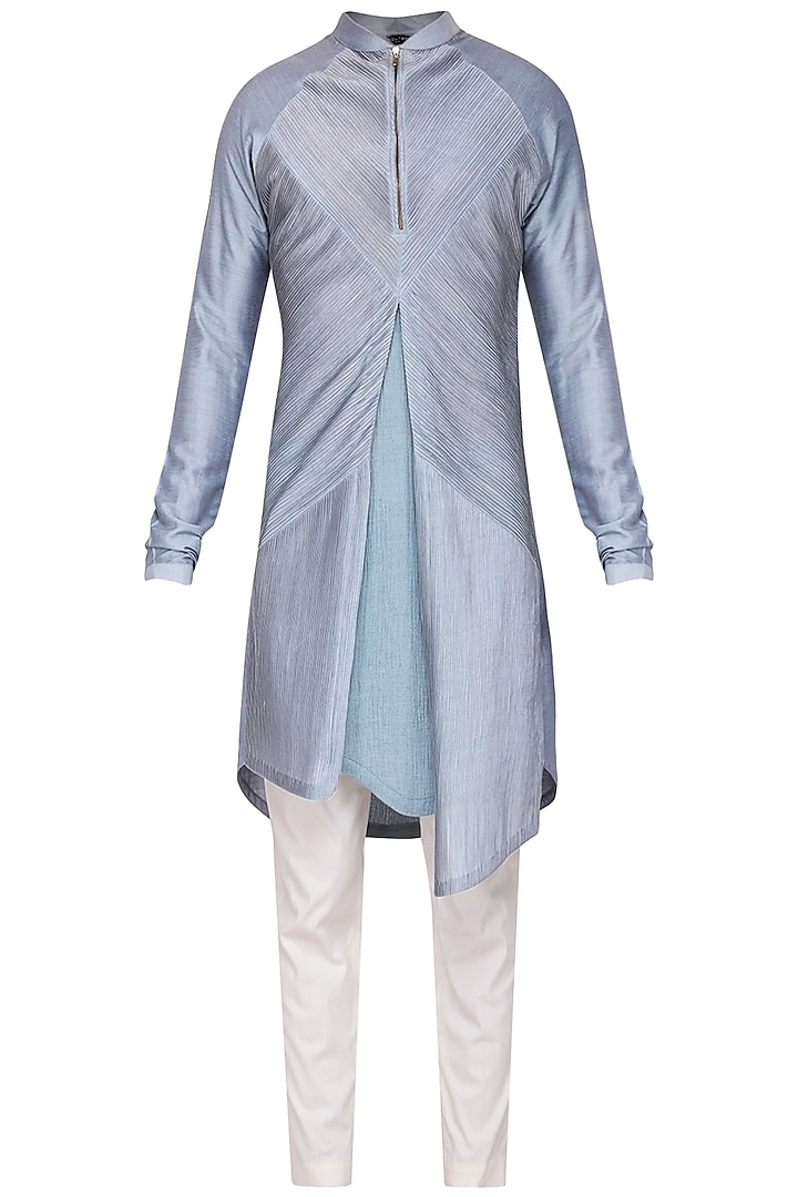 Sky Blue Textured Kurta with Churidar Pants by Soltee By Sulakshana Monga Men