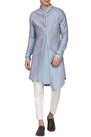 Sky Blue Textured Kurta with Churidar Pants by Soltee By Sulakshana Monga Men