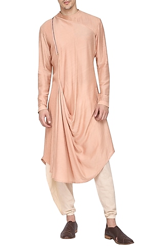 Salmon Textured Kurta with Churidar Pants by Soltee By Sulakshana Monga Men