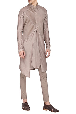 Khaki Textured Kurta with Churidar Pants by Soltee By Sulakshana Monga Men