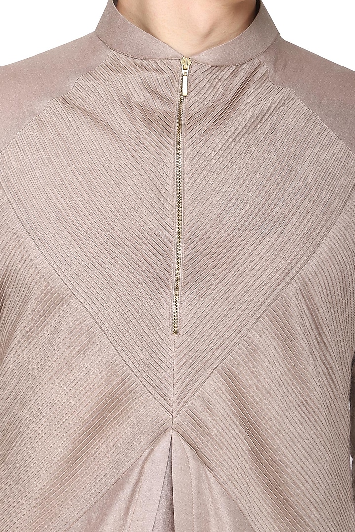 Khaki textured kurta with churidar pants available only at Pernia's Pop Up Shop.
