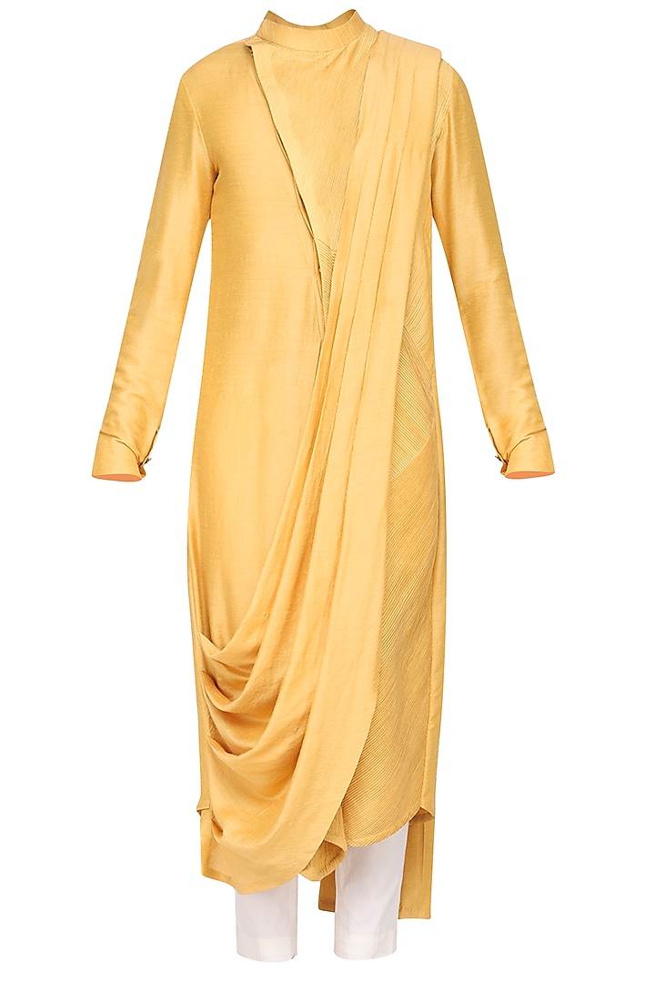 Mustard Textured Kurta with Churidar Pants by Soltee By Sulakshana Monga Men