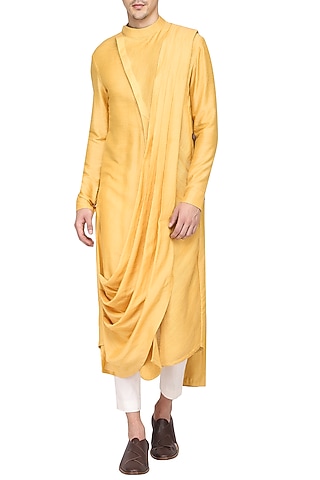 Mustard Textured Kurta with Churidar Pants by Soltee By Sulakshana Monga Men