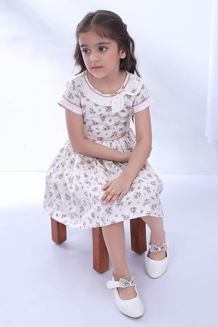 Ivory & Dusty Pink Printed Dress For Girls by Soleilclo