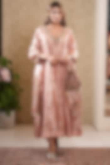 Peach Tissue Thread Machine Embroidered Wedding Anarkali Set by Sonali Methi at Pernia's Pop Up Shop