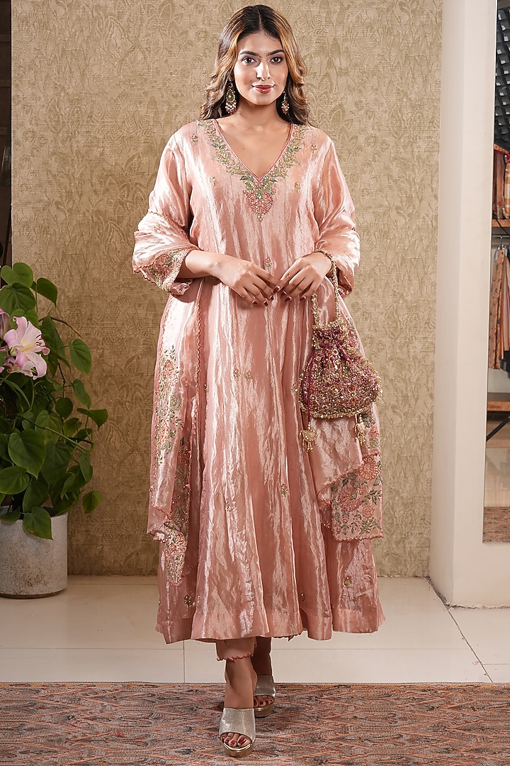 Peach Tissue Thread Machine Embroidered Wedding Anarkali Set by Sonali Methi at Pernia's Pop Up Shop