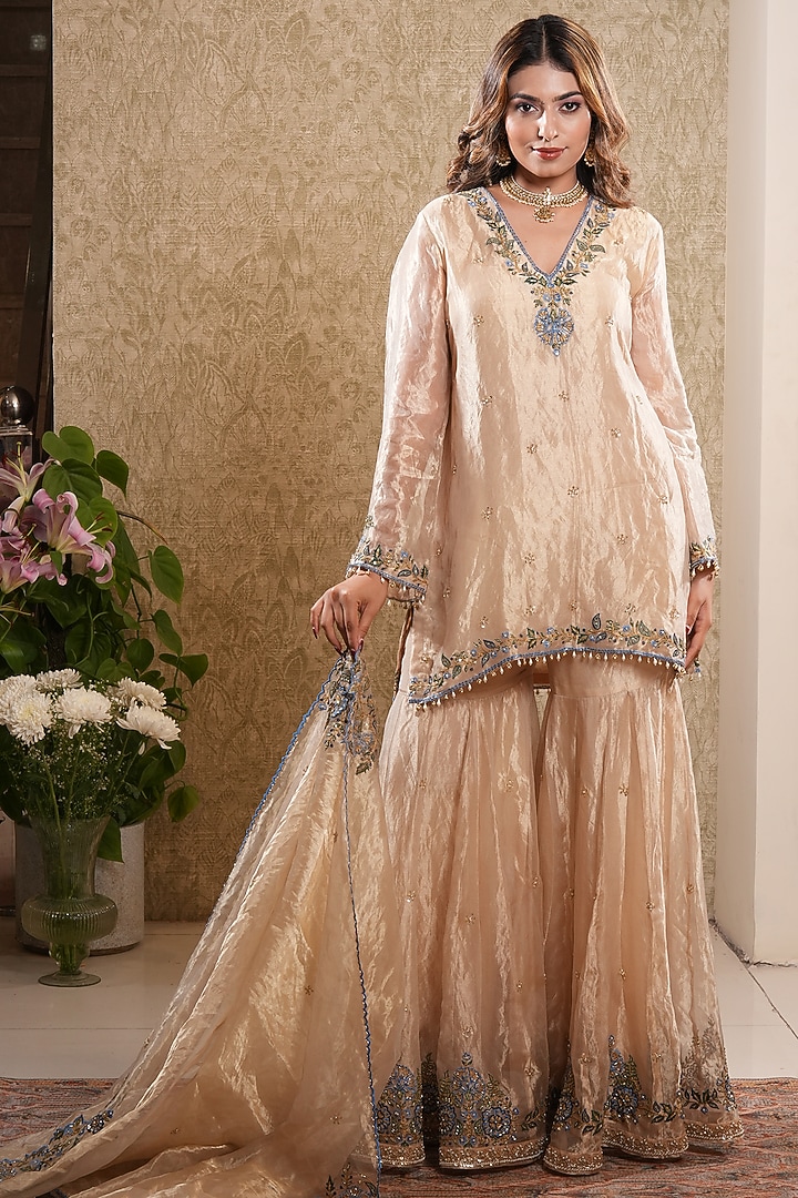 Golden Tissue Sequin Embroidered Wedding Sharara Set by Sonali Methi at Pernia's Pop Up Shop