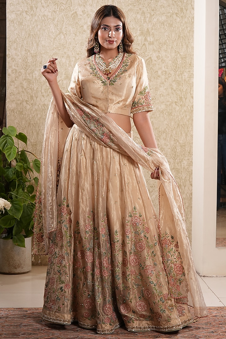 Golden Pure Tissue Hand & Machine Embroidered Wedding Lehenga Set by Sonali Methi at Pernia's Pop Up Shop