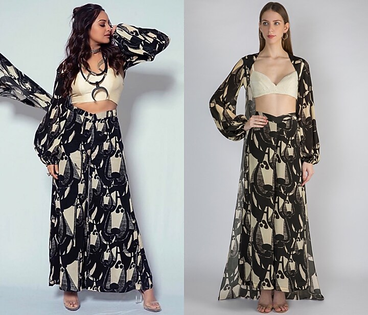 Black Printed Cape With Palazzo Pants & Ivory Embellished Bustier by Masaba at Pernia's Pop Up Shop