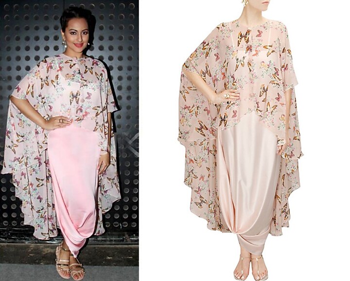 Blush pink papillion printed high low cape with cowl skirt available only at Pernia's Pop-Up Shop.