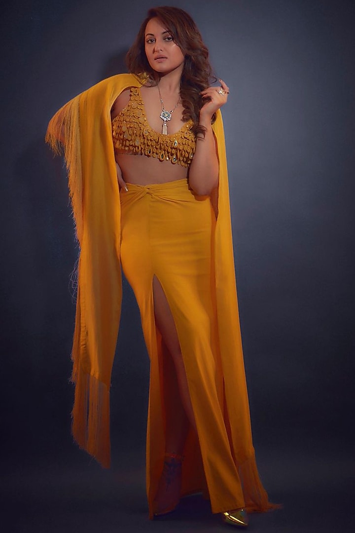 Yellow Cotton Stretch Skirt Set by Arpita Mehta