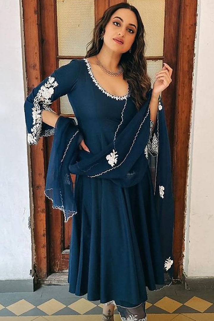 Blue Cotton Silk Blend Embroidered Anarkali Set by Devnaagri