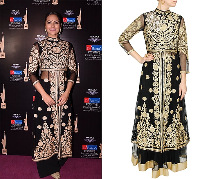 Black and gold floral embroidered long jacket with black net lehenga available only at Pernia's Pop-Up Shop.