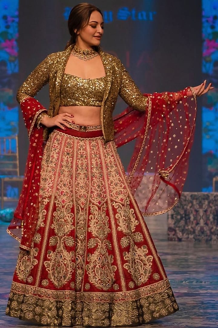 Multi-Colored Brocade Embroidered Jacket Lehenga Set by Rocky Star