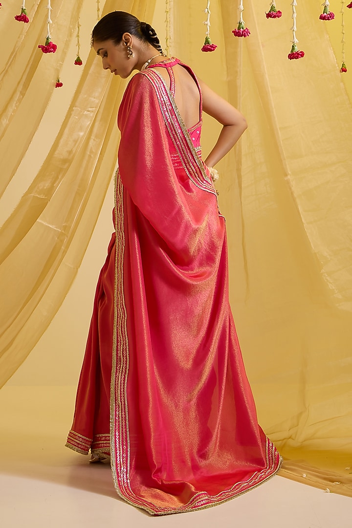 Fuschia Pink Silk & Silk Tissue Embroidered Pre-Draped Party Wear Saree Set by SONAL PASRIJA at Pernia's Pop Up Shop