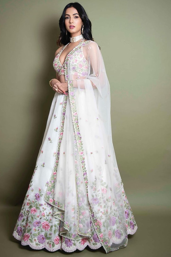 White Organza Embroidered Lehenga Set by Chamee and Palak