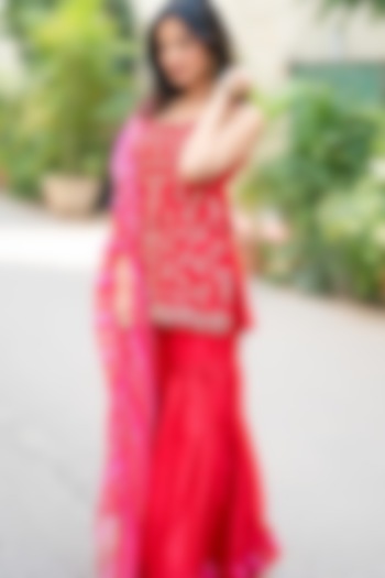 Red Silk Embroidered Wedding Sharara Set by Pink City By Sarika at Pernia's Pop Up Shop