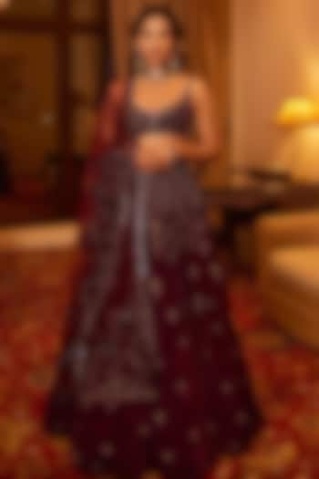 Wine Velvet Cutdana Embroidered Bridal Lehenga Set by Sawan Gandhi at Pernia's Pop Up Shop