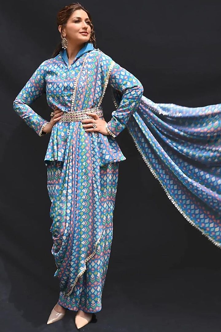 Blue Silk Printed Pant Set by Sva By Sonam & Paras Modi