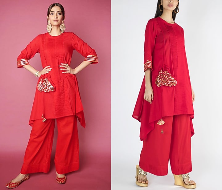 Bright Red Gota Embellished Tunic by Gulabo By Abu Sandeep at Pernia's Pop Up Shop