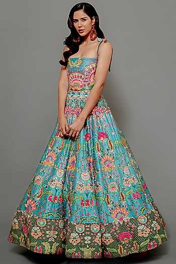 Teal Embroidered Gown by Siddhartha Bansal at Pernia's Pop Up Shop
