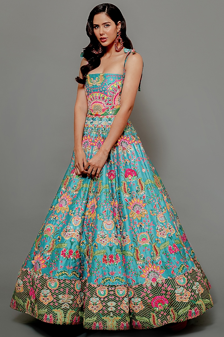 Teal Embroidered Gown by Siddhartha Bansal