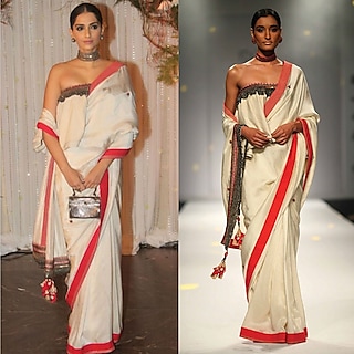 Ivory Crepe Silk Kantha & Bead Embroidered Border Saree Set by Nikasha