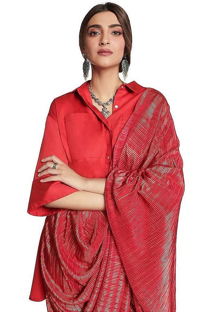 Red Pre-Draped Metallic Wedding Saree with Sk Cape by 431-88 By Shweta Kapur at Pernia's Pop Up Shop