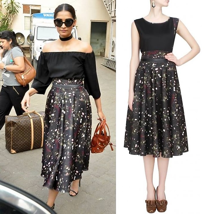 Bhaavya Bhatnagar presents Black, bottle green, white and wine kiem printed skirt with leather belt available only at Pernia's Pop Up Shop.