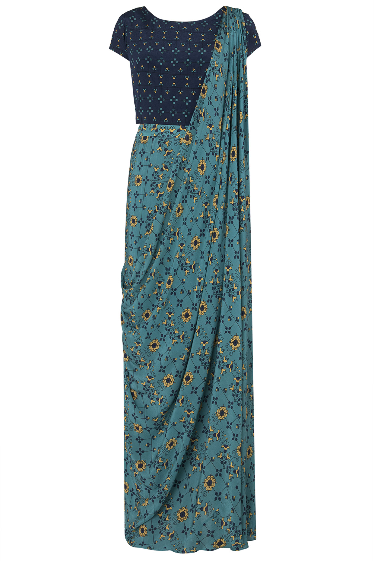 Blue and yellow printed draped saree set available only at Pernia's Pop Up Shop.