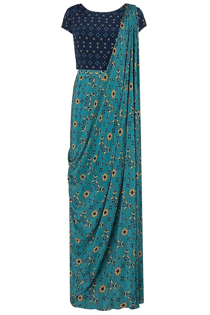Blue and Yellow Printed Draped Saree Set by Soup by Sougat Paul
