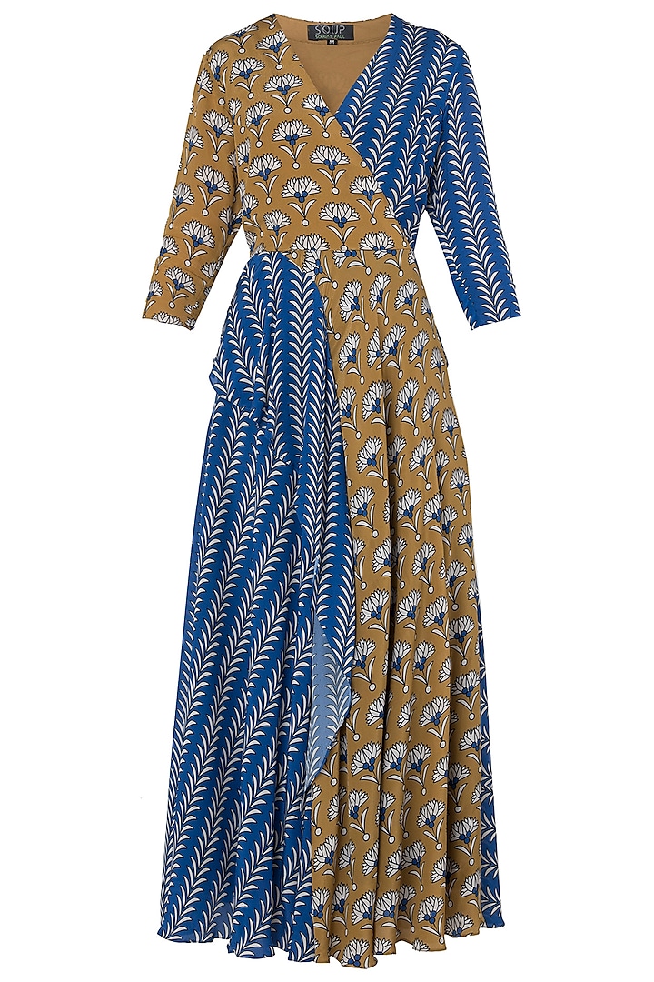 Blue and Mustard Printed Maxi Dress by Soup by Sougat Paul