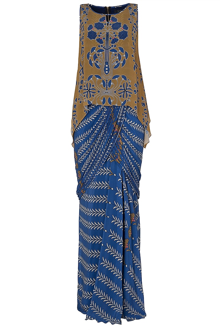 Blue and Mustard Floral Printed Saree Dress by Soup by Sougat Paul