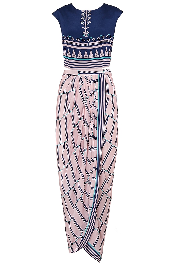 Pink and Blue Printed Drape Dress with An Embroidered Cape by Soup by Sougat Paul