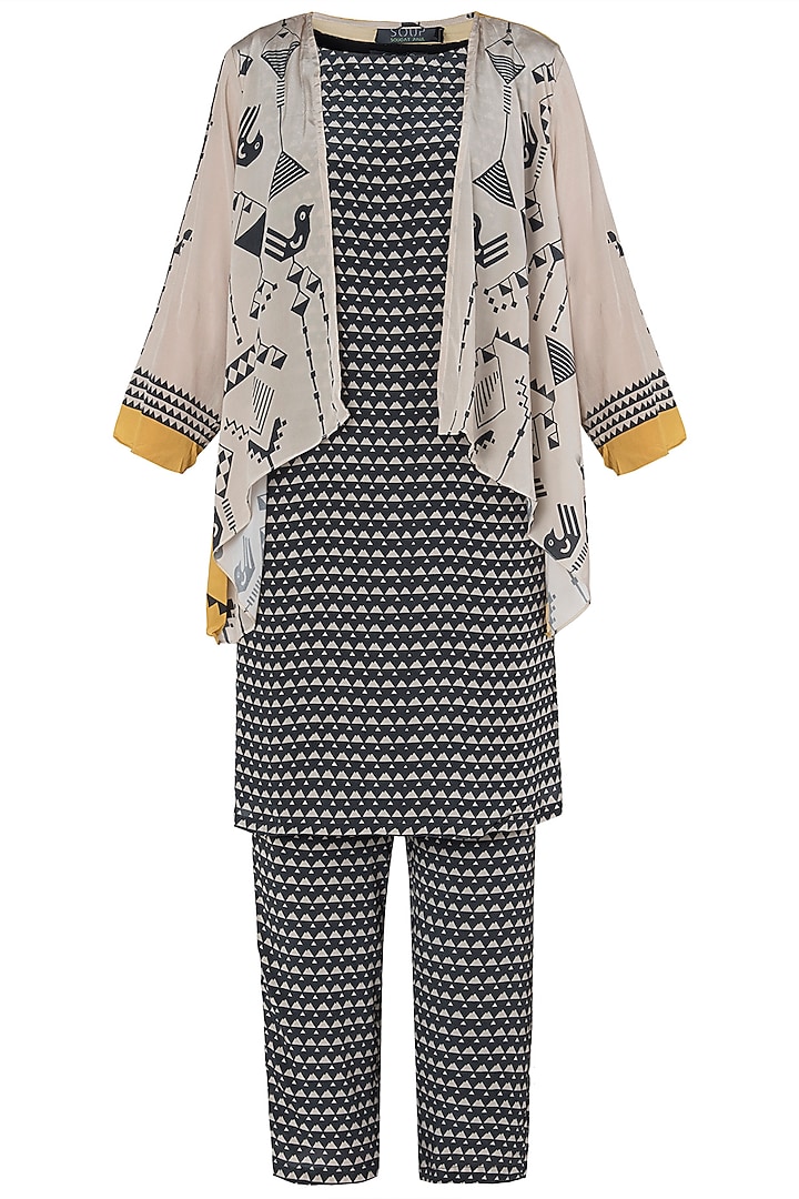 Black and Beige Printed Jacket with Kurta and Pants by Soup by Sougat Paul