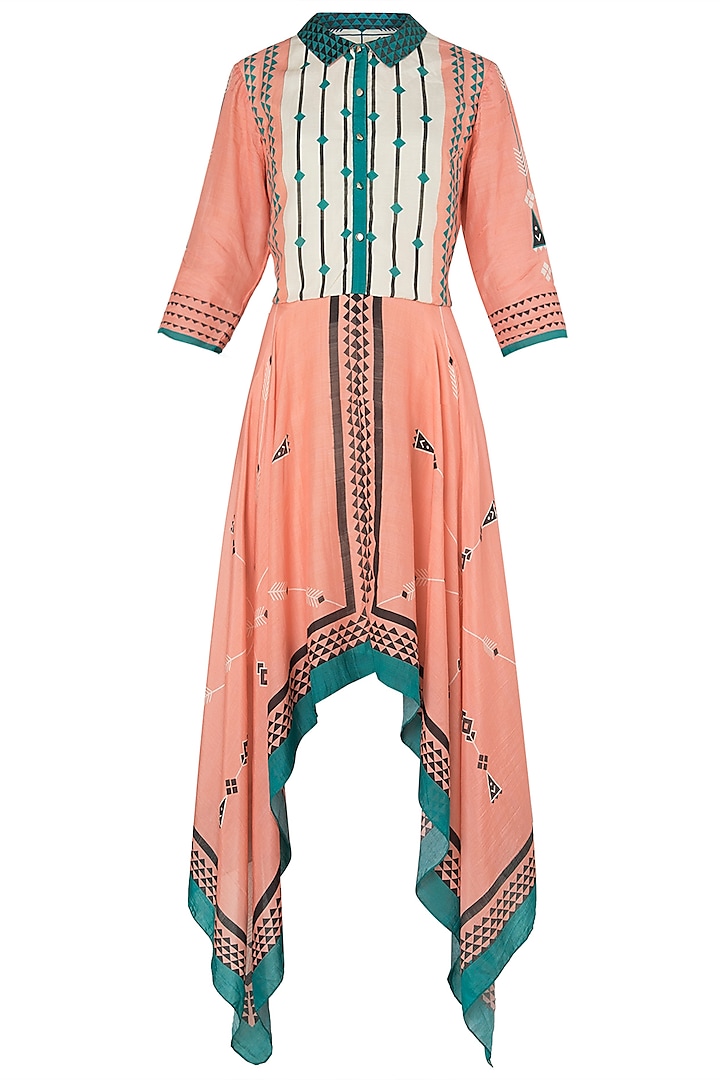 Peach and Green Asymmetrical Printed Dress by Soup by Sougat Paul