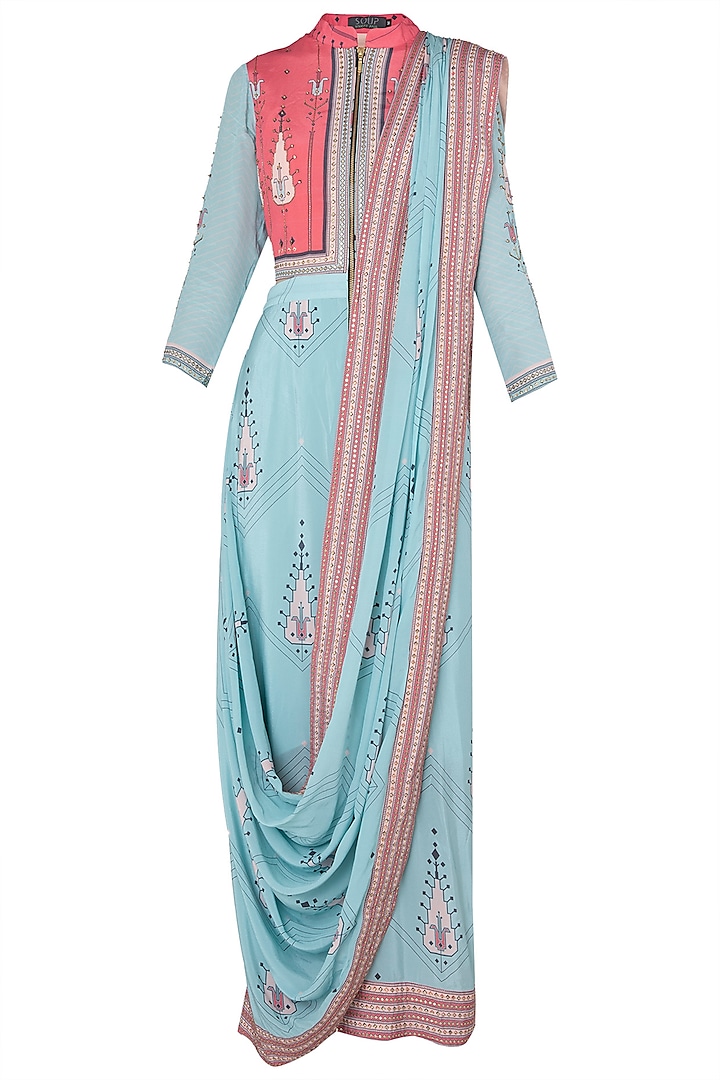 Pink and Blue Printed Draped Saree by Soup by Sougat Paul