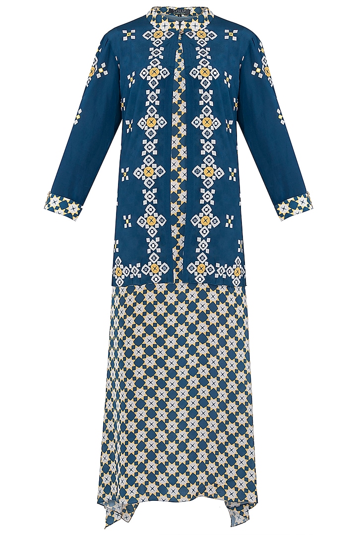 Blue Printed Maxi Dress with Embroidered Jacket by Soup by Sougat Paul