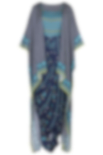 Blue printed drape maxi dress with asymmetrical cape available only at Pernia's Pop Up Shop.