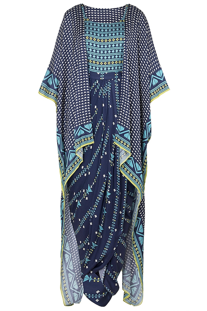 Blue Printed Drape Maxi Dress with Asymmetrical Cape by Soup by Sougat Paul