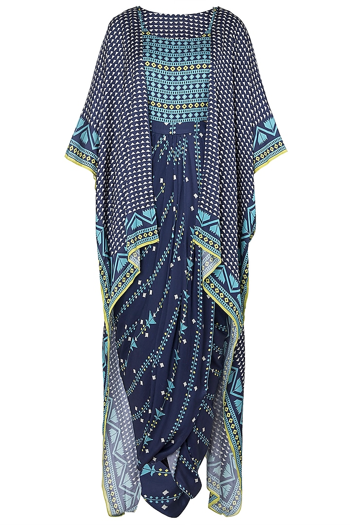 Blue printed drape maxi dress with asymmetrical cape available only at ...