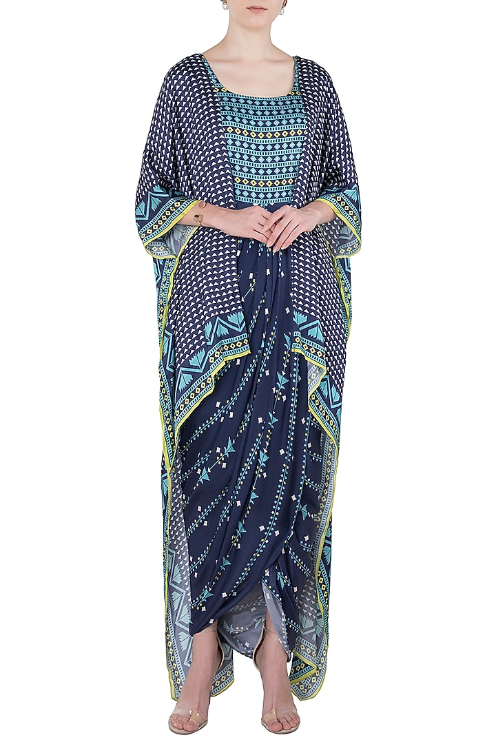 Blue printed drape maxi dress with asymmetrical cape available only at Pernia's Pop Up Shop.
