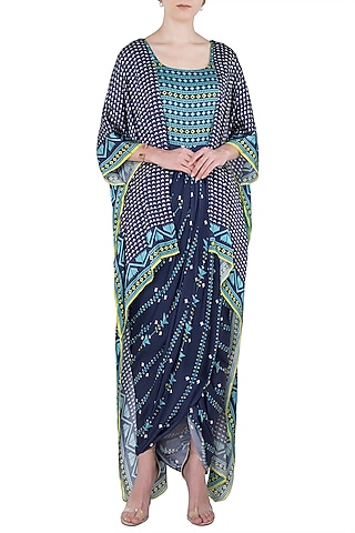 Blue Printed Drape Maxi Dress with Asymmetrical Cape by Soup by Sougat Paul